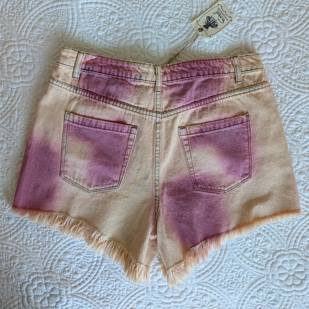 Easel Tie Dye Denim Shorts Women Large Rose Butter Raw Hem Cutoff Boho Festival - Picture 2 of 6